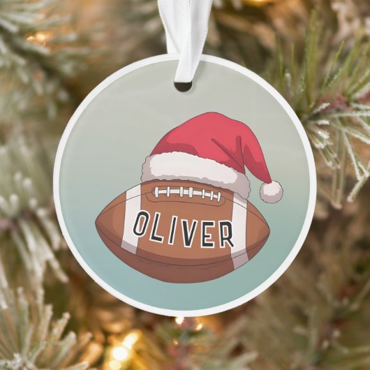 Football Ball with Red Santa Hat Name Christmas Ornament (Boom)