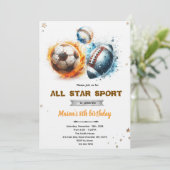 Football baseball and soccer party Invitation  Kaart (Staand voorkant)