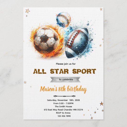 Football baseball and soccer party Invitation  Kaart (Voorkant)