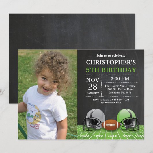 Football Birthday Invitation Birthday Green Kaart (Voorkant / Achterkant)