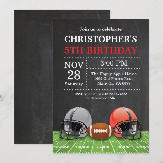 Football Birthday Invitation Birthday Party Red Kaart (Voorkant / Achterkant)