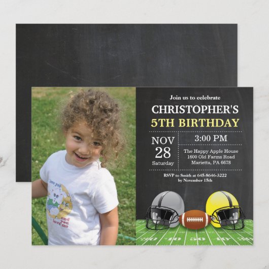 Football Birthday Invitation Birthday Party Yellow Kaart (Voorkant / Achterkant)
