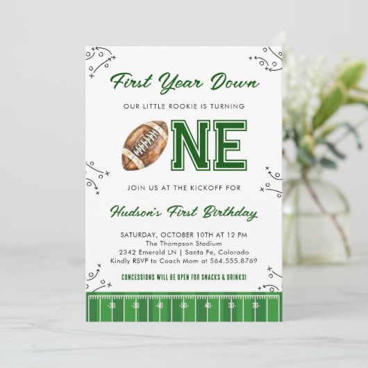 Football Birthday Party First Year Down Kaart (Staand voorkant)