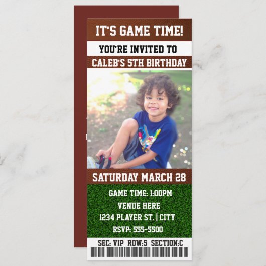 FOOTBALL Birthday Party TICKET PHOTO Uitnodiging (Voorkant / Achterkant)