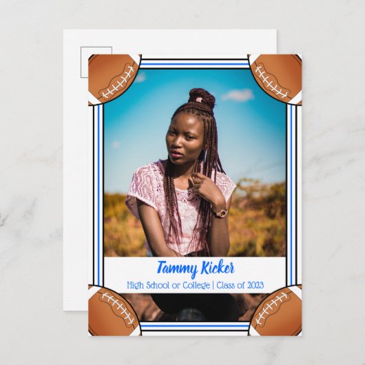 Football blauw en zwart Afstuderen Aankondigingskaart (Voorkant / Achterkant)