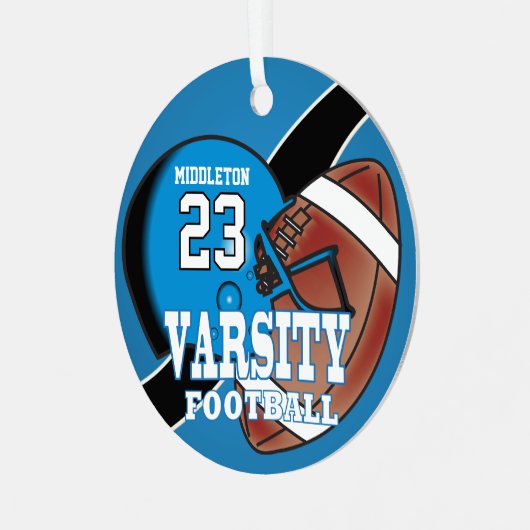 Football Blauwe Varsity Metalen Ornament (Voorkant links)