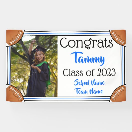 Football Blue & Black One Photo Afstuderen Spandoek (Horizontaal)