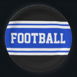 FOOTBALL Bold Helder Blauw Zwart Wit Strepen Papieren Bordje<br><div class="desc">Dit sportieve,  atletische ontwerp is voorzien van gedurfde FOOTBALLS tekst in een opvallende brede helderblauwe streep met witte strepen tegen een zwarte achtergrond. De tekst kan worden gepersonaliseerd.</div>