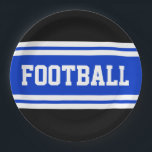 FOOTBALL Bold Helder Blauw Zwart Wit Strepen Papieren Bordje<br><div class="desc">Dit sportieve,  atletische ontwerp is voorzien van gedurfde FOOTBALLS tekst in een opvallende brede helderblauwe streep met witte strepen tegen een zwarte achtergrond. De tekst kan worden gepersonaliseerd.</div>