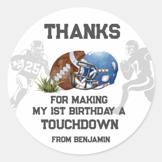 Football Boy 1e Verjaardagsfeestje Favor Ronde Sticker (Voorkant)
