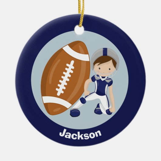 Football Boy Persoonlijke Blauwe Kinder Kerstmis Keramisch Ornament (Voorkant)