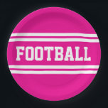 FOOTBALL Bright Athletic Pink White Racing Stripes Papieren Bordje<br><div class="desc">Dit sportieve ontwerp is voorzien van gedurfde atletische FOOTBALLS tekst in brede dubbele horizontale witte racestrepen tegen een felroze achtergrond.</div>