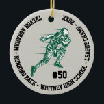 Football Champion Player School Green Grey Keramisch Ornament<br><div class="desc">Creëer een gepersonaliseerd football ornament voor je favoriete schoolteamspeler. Biedt een actieve football speler die helemaal naar een touchdown gaat! Voeg het nummer van het spelerteam, de status van het kampioenschap, het jaar, de schoolnaam of andere aangepaste tekst toe. Het grijze, witte, groene en zwarte design is ideaal voor uw...</div>