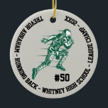 Football Champion Player School Green Grey Keramisch Ornament<br><div class="desc">Creëer een gepersonaliseerd football ornament voor je favoriete schoolteamspeler. Biedt een actieve football speler die helemaal naar een touchdown gaat! Voeg het nummer van het spelerteam, de status van het kampioenschap, het jaar, de schoolnaam of andere aangepaste tekst toe. Het grijze, witte, groene en zwarte design is ideaal voor uw...</div>