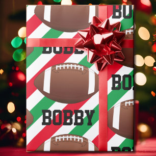 Football Christmas Naam toevoegen Streep Rood & Gr Cadeaupapier