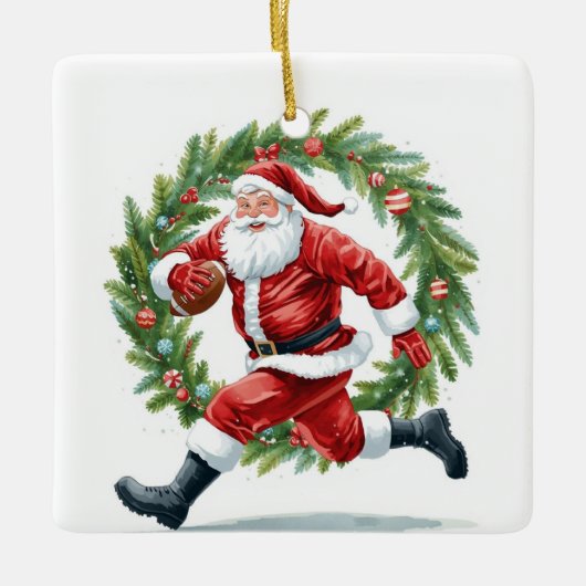 Football Christmas with Santa Claus Keramisch Ornament (Voorkant)