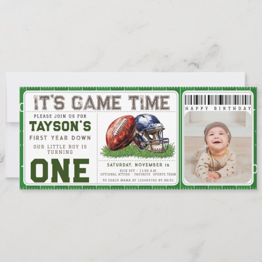 Football Eerste Jaar Down 1e Verjaardag Foto Ticke Kaart (Voorkant)