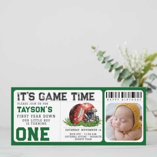 Football eerste jaar down 1e verjaardag ticket fot kaart (Staand voorkant)