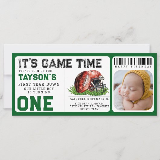 Football eerste jaar down 1e verjaardag ticket fot kaart (Voorkant)