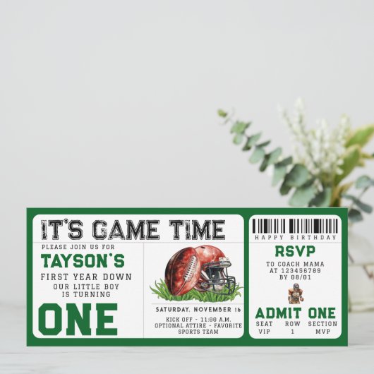 Football eerste jaar down 1e verjaardag ticket kaart (Staand voorkant)