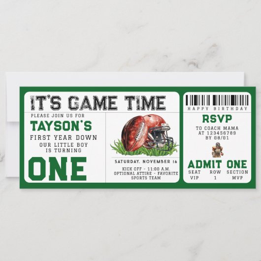 Football eerste jaar down 1e verjaardag ticket kaart (Voorkant)