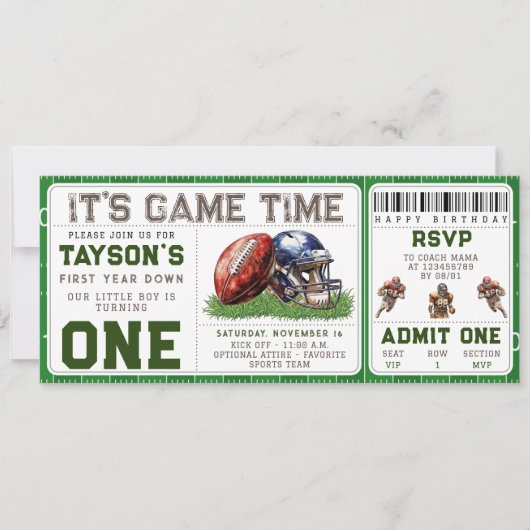 Football eerste jaar down 1e verjaardag ticket kaart (Voorkant)