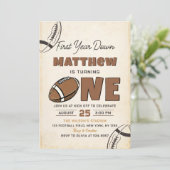 Football eerste jaar down 1e verjaardag uitnodigin kaart (Staand voorkant)