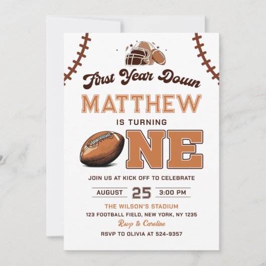 Football eerste jaar down 1e verjaardag uitnodigin kaart (Voorkant)