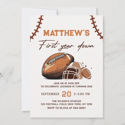 Football eerste jaar down 1e verjaardag uitnodigin kaart (Voorkant)