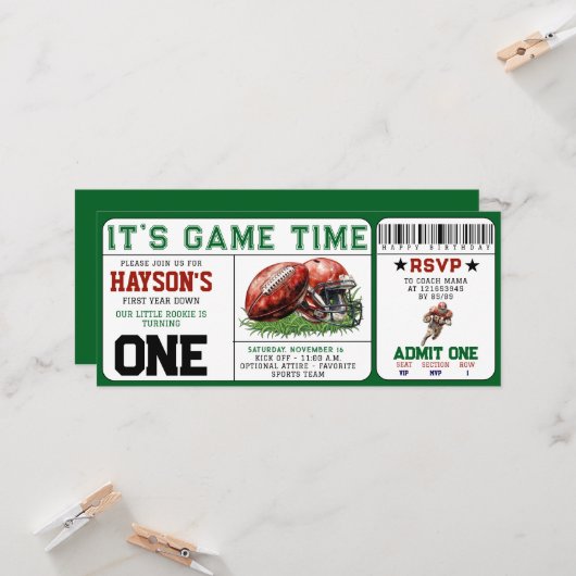 football eerste jaar down ticket 1e verjaardag kaart (Voorkant / Achterkant in situ)