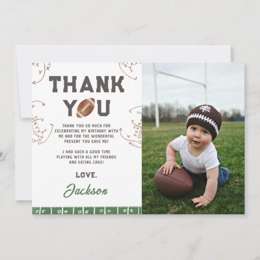 Football eerste jaar down verjaardagsfoto bedankkaart (Voorkant)