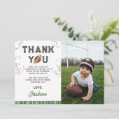 Football eerste jaar down verjaardagsfoto bedankkaart (Staand voorkant)