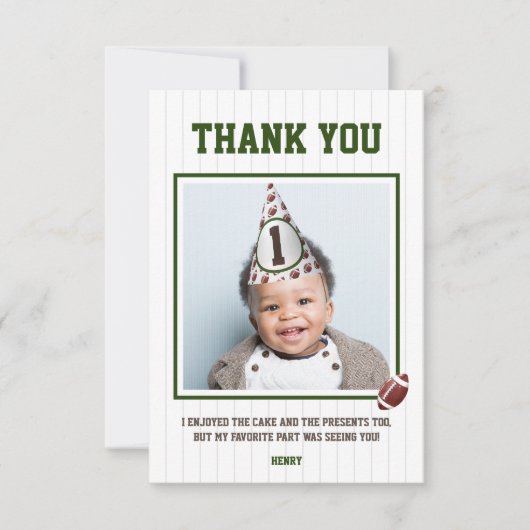 Football eerste jaar down verjaardagsfoto bedankkaart (Voorkant)