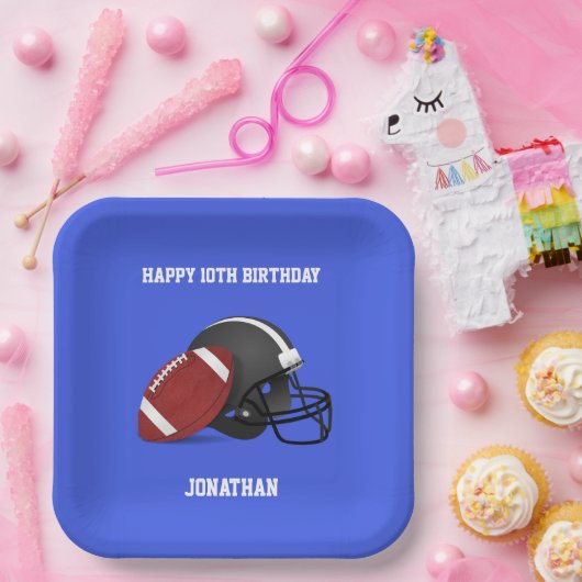 Football en Helm Custom Blue Birthday Papieren Bordje (Feest)