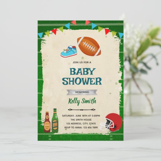 Football en Tiny Toes baby shower uitnodiging (Staand voorkant)