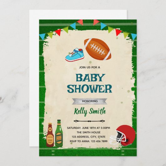 Football en Tiny Toes baby shower uitnodiging (Voorkant / Achterkant)