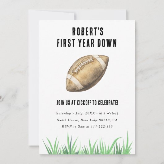 Football First Year Down 1st Birthday Party Kaart (Voorkant)