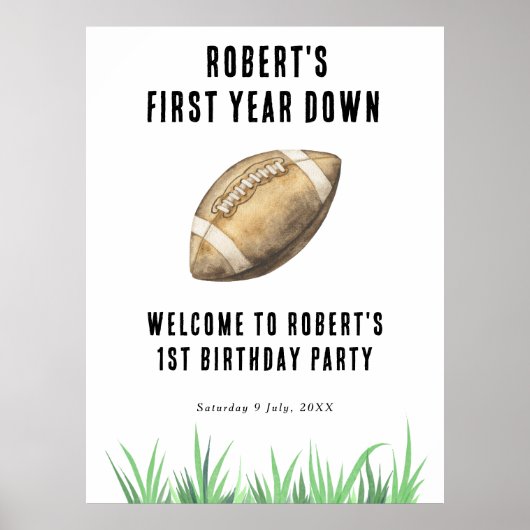 Football First Year Down 1st Birthday Party Poster (Voorkant)