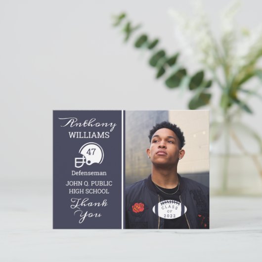 Football Foto blauw | Briefkaart wit Afstuderen (Staand voorkant)