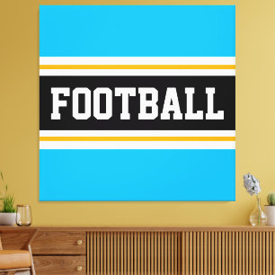 FOOTBALL Fun Sky Blue Zwart Wit Geel Strepen Canvas Afdruk