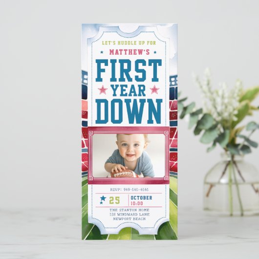 Football Game Ticket Foto 1e verjaardag Uitnodigin (Staand voorkant)