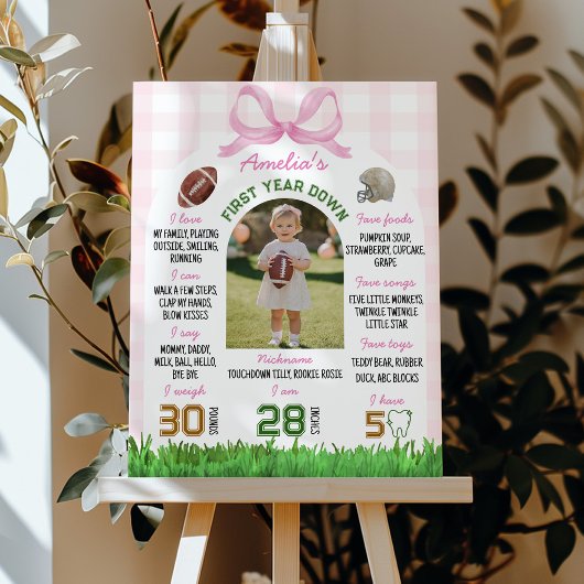 Football Girl Eerste Verjaardag Roze Bow Milestone Poster