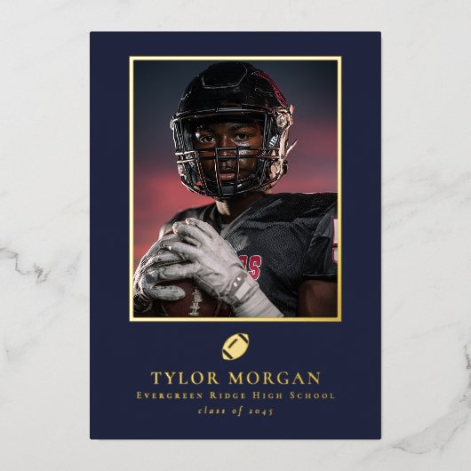 Football Graduation Photo Blue Grad Announcement Folie Uitnodiging (Voorkant)