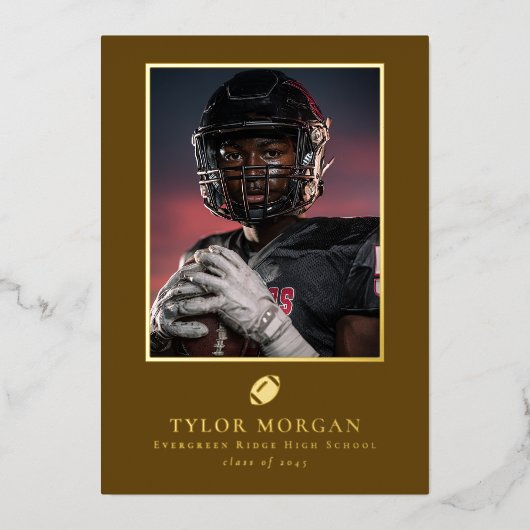Football Graduation Photo Brown Grad Announcement Folie Uitnodiging (Voorkant)