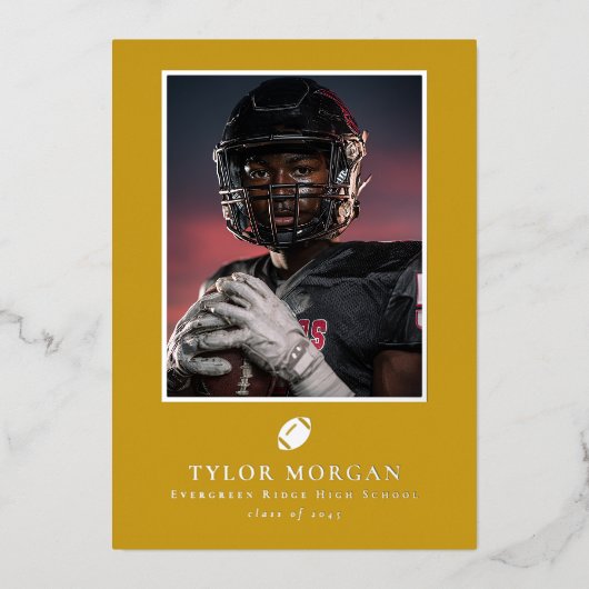 Football Graduation Photo Golden Grad Announcement Folie Uitnodiging (Voorkant)