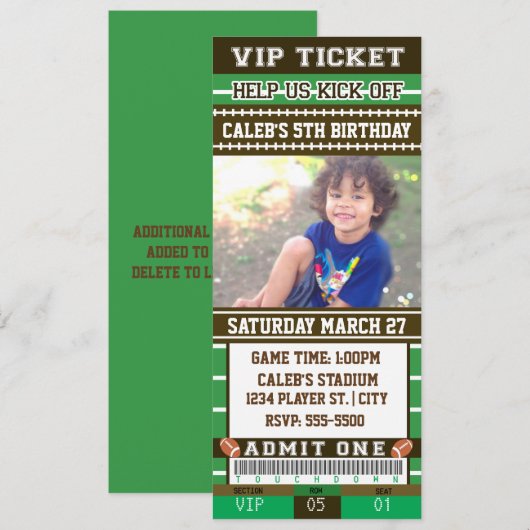 FOOTBALL Groen & Bruin FOTO TICKET Uitnodiging (Voorkant / Achterkant)