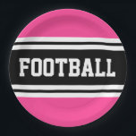 FOOTBALL Helder Roze Zwart Wit Racing Stripes Papieren Bordje<br><div class="desc">Dit sportieve,  atletische ontwerp is voorzien van gedurfde FOOTBALLS tekst in een gemarkeerde brede zwarte streep met dubbele witte strepen tegen een felroze achtergrond. De tekst in dit ontwerp kan worden gepersonaliseerd.</div>
