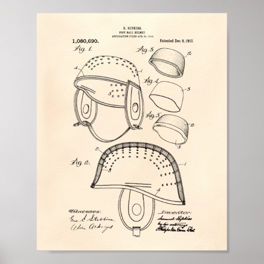 Football Helmet 1913 Patent Art Old Peper Poster (Voorkant)