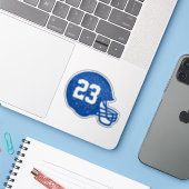 Football helmet gepersonaliseerd getal blauw wit sticker (Laptop met iPhone)