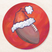 Football in Santa Hat op rood Ronde Kartonnen Onderzetter (Voorkant)